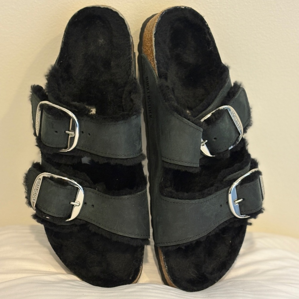 Black Fur-Lined Birkenstock Sandals with Silver Buckles